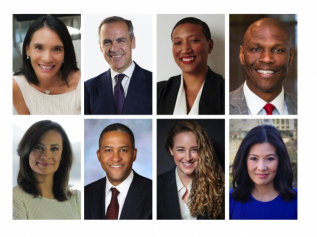 Photographic portraits of HAA nominating committee nominees for Harvard Board of Overseers: Top row, left to right: Christiana Goh Bardon, Mark J. Carney, Kimberly Nicole Dowdell, Christopher B. Howard. Bottom row, left to right: María Teresa Kumar, Raymond J. Lohier Jr., Terah Evaleen Lyons, Sheryl WuDunn