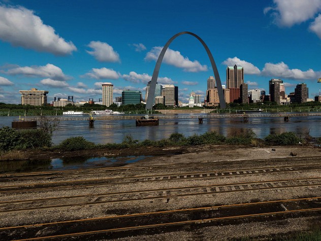The St. Louis, Missouri, skyline on the Mississippi River with the Gateway Arch visible, as seen from across the Mississippi River in East St. Louis, Illinois