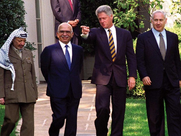 Bill Clinton with Yasser Arafat, King Hussein, and Benjamin Netanyahu, October 1, 1996, at the White House