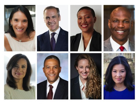 Photographic portraits of HAA nominating committee nominees for Harvard Board of Overseers: Top row, left to right: Christiana Goh Bardon, Mark J. Carney, Kimberly Nicole Dowdell, Christopher B. Howard. Bottom row, left to right: María Teresa Kumar, Raymond J. Lohier Jr., Terah Evaleen Lyons, Sheryl WuDunn