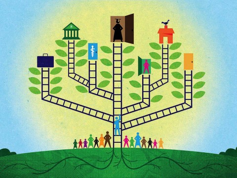 An abstract illustration of a branching tree shows the varying outcomes of government spending on programs that benefit children