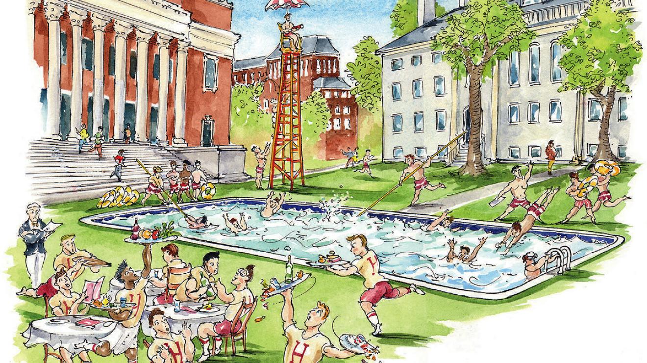 Humorous illustration of Harvard Yard with Widener Library and University Hall; between the two buildings there is a swimming pool and people enjoying the pool.