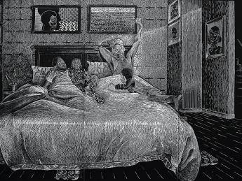 Black and white woodcut print depicting family waking up in parents bed 