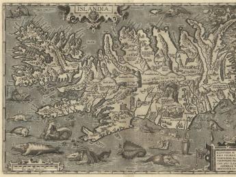 A detailed 1598 map of Iceland, with monstrous sea creatures in the surrounding waters and polar bears on ice flows.