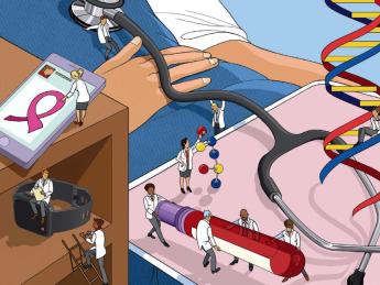 An illustration depicts the torso of a patient as teams of tiny, Lilliputian physicians run tests and examinations.