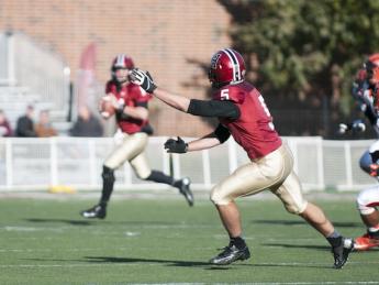 Ricky Zorn (5) was Harvard’s leading receiver in the Princeton game, with eight catches for 168 yards. Zorn scored the Crimson’s first touchdown on a 33-yard pass play, pulling in a ball that had glanced off the shoulder of a Tiger defender.