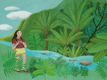 Painting of a young Korean-American woman in a Harvard T-shirt walking beside a stream in a lush, hilly Hawaiian landscape 