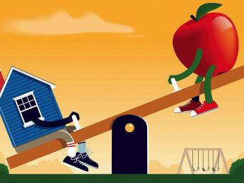 Illustration of a seesaw with a house on one end, and an apple, representing teaching, on the other.