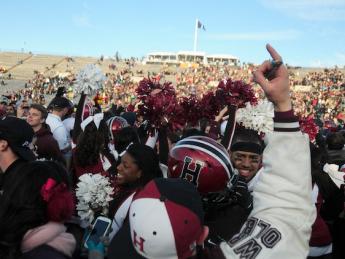 Harvard partisans stormed the field at Yale Bowl to celebrate the Crimson’s seventh consecutive victory over the Blue. Thousands of discouraged Yale followers had left the Bowl at halftime.