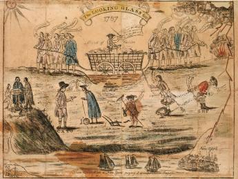 Amos Doolittle cheekily depicted the passions over ratification in this 1787 engraving with watercolor, with “Federals” (business interests), left, and agrarian “Antifederals,” right, differing over currency and Connecticut’s debts: a mired wagon being pulled in opposite directions. 