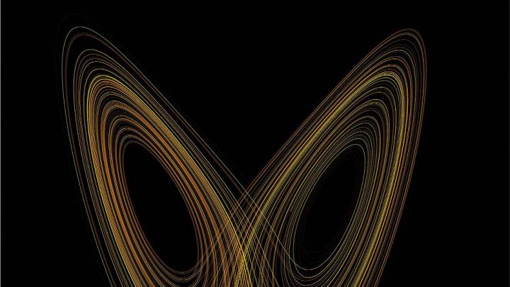 A stylized plot of Lorenz's "butterfly effect" model against a black background with gold-toned curves wrapping themselves around unshown x and y axes, resembling the wings of a butterfly