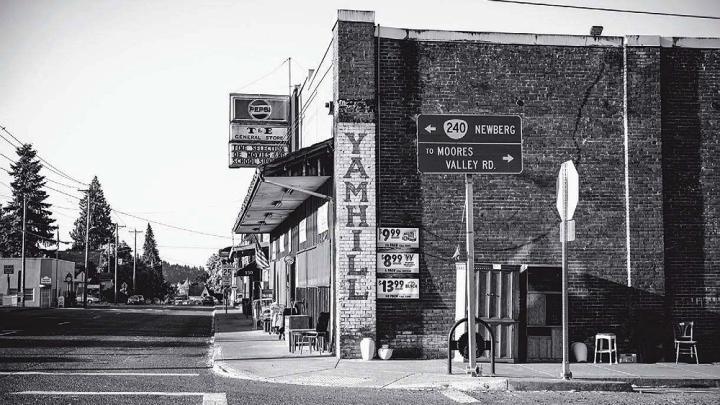 Photograph of downtown Yamhill, Oregon, with general store