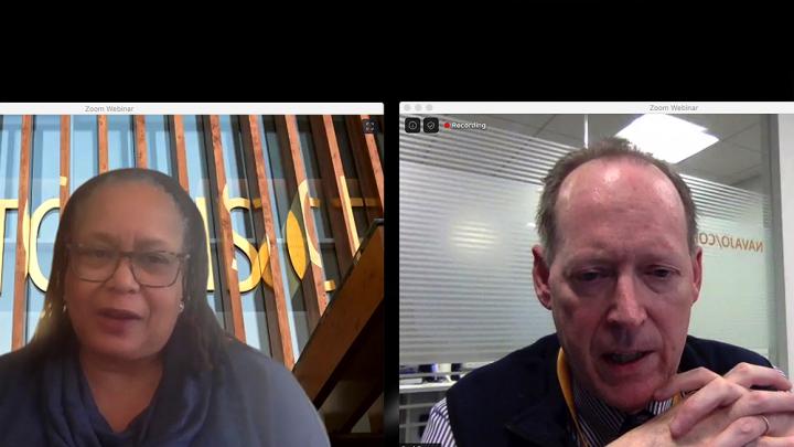 Video split-screen capture of images of Evelynn Hammonds and Paul Farmer