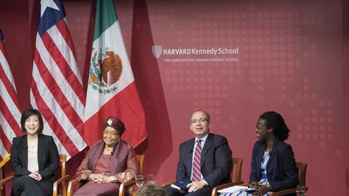The Kennedy School’s leadership panel (from left): M.P.P. candidate Jieum Baek; Liberian president Ellen Johnson Sirleaf; former Mexican president Felipe Calderón; M.P.A. candidate Amandla Agoro Ooko-Ombaka ￼