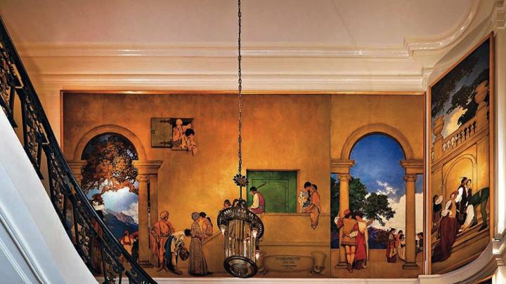 Panels from <i>A Florentine Fete,</i> by Maxfield Parrish, loom over the museum&rsquo;s lobby.