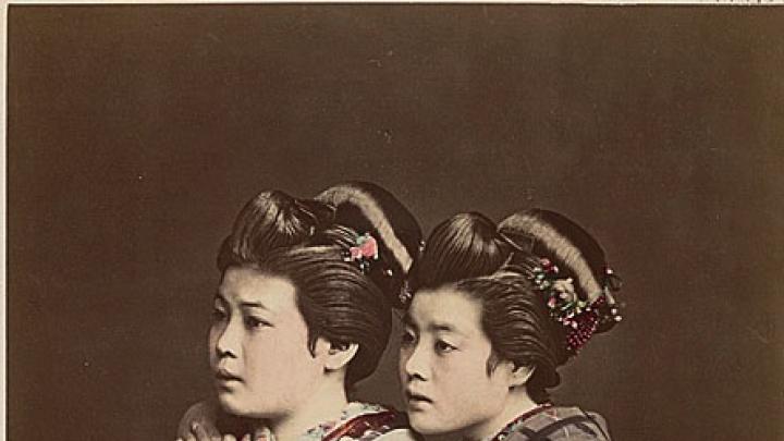 1870s Japan: a hand-tinted albumen print by Raimund von Stillfried showing two women posing