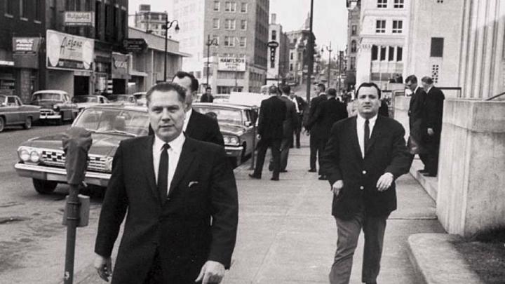 Photograph of Jimmy Hoffa and Chuckie O’Brien near the federal courthouse, March 1, 1964