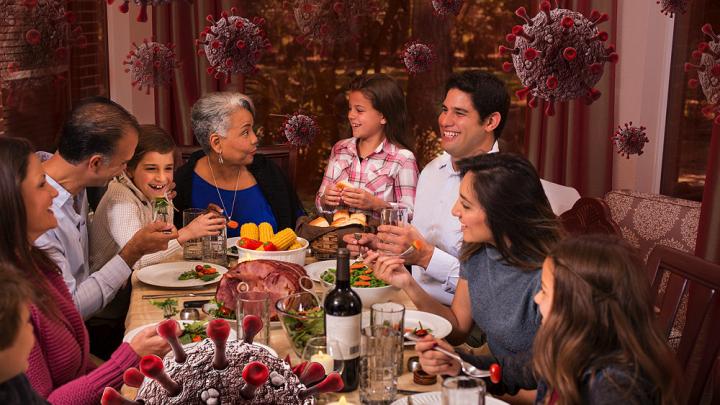 A family celebrates Thanksgiving as coronavirus circulates unseen in the air around them.